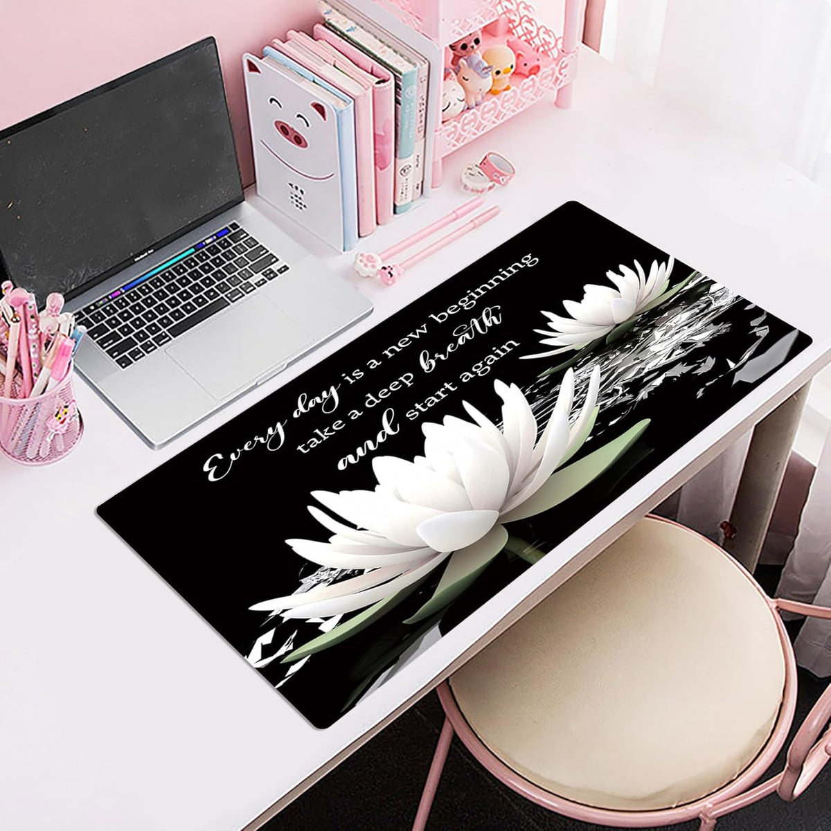 LB Black and White Floral Mouse Pad Plant Flower with Inspirational Quotes Large Mouse Pad for Desk Modern Aesthetic Desk Pad for Office and Home Non-Slip Rubber Base Mouse Mat 15.75L X 31.5W Inch