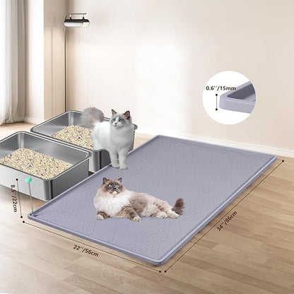 Bartuke Large Cat Litter Mat with Toy Ball, 34'' x 22'' Silicone Cat Litter Trapping Mat for Scatter Control, Soft on Kitty Paws, Easy to Clean (Light Grey)