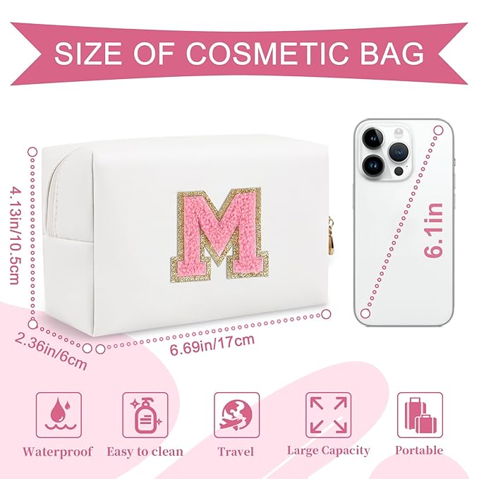 Personalized Makeup Bag Initial A-Z Preppy Patch Bag,Small PU Leather Travel Cosmetic Bag Pouch with Zipper,White Cute Toiletry Bag,Gift Ideal for Teen Girls Women Birthday Friend Mom,Letter M