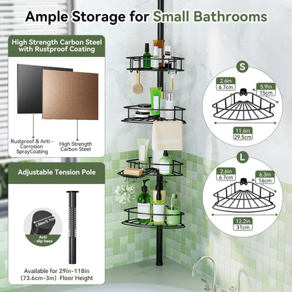 Corner Shower Caddy Tension Pole-4 Tier Adjustable Bathroom Shower Organizer with Soap Holder, Rustproof Shower Shelves Shower Rack for Inside Shower, Bathtub Shampoo Storage 29-118", Black