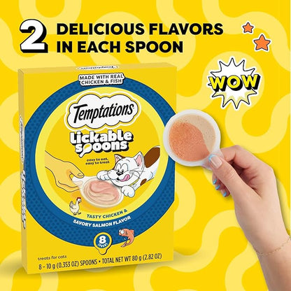 Temptations Lickable Spoons Adult Wet Cat Treat, Tasty Chicken and Savory Salmon Flavor, 8 Spoons, Pack of 12 (96 Total)