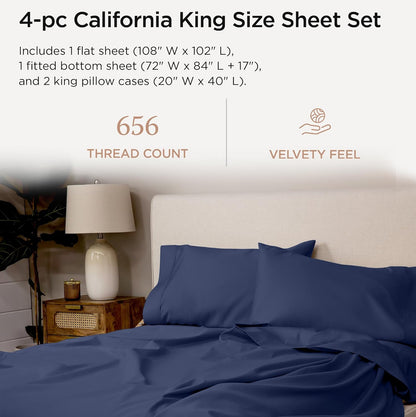 Threadmill California King Sheet Sets |Certified American Supima Cotton Sheets | 656 Thread Count 4 Piece Hotel Quality Luxury Bed Sheets Set with Elasticized Extra Deep Pocket | Folkstone Blue Sheets