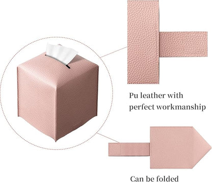 REGELETO Square Tissue Box Cover, Pu Leather Tissue Box Holder with Bottom Belt Modern Stylish Tissue Box Organizer for Bathroom, Bedroom, Hotel, Office Desk 5"X5"X5"-Pink