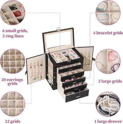 BOOVO Jewelry Box For women, 6 Layer Large Jewelry Organizer With Mirror, Multi-Function Storage Box With Lock, Accessory Holder With 5 Drawers, For Earrings Necklace Ring Bracelet (Black)
