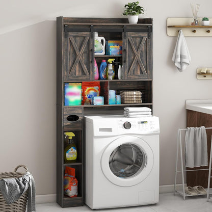 Vabches Over The Toilet Storage Cabinet, Farmhouse Storage Cabinet Over Toilet with Sliding Door& Toilet Paper Holder Stand，Home Space-Saving Toilet Rack, for Bathroom, Laundry and Restroom