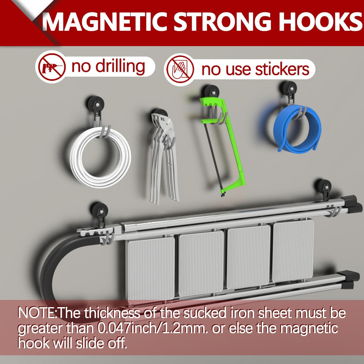 3-H Heavy Duty Magnet Garage Hooks 2 Pack, J Shape Strong Magnetic Hooks for Hanging Cordless Power Drill, Utility Magnetic Tool Holder for Metal Cabinet, Steel Pegboard, Toolbox, Garage(Grey)