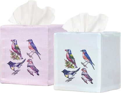 EmbroideryLinen.VN Tissue Box Cover Set of 2, Square Linen Tissue Holder, Printed Animal Pattern, 4.5x4.5x5.5 Inches, Decorative Holder for Bathroom, Living Room, Office (Four Birds)