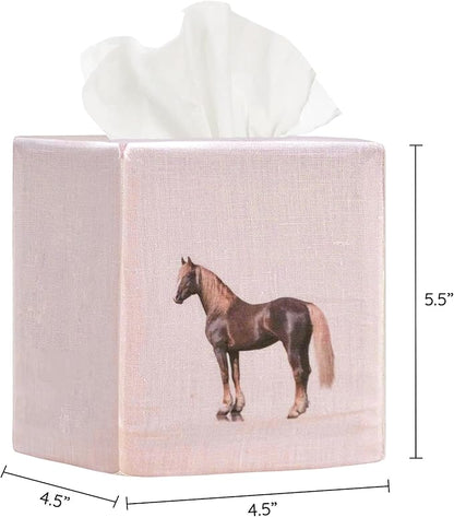 EmbroideryLinen.VN Tissue Box Cover Set of 2, Square Linen Tissue Holder, Printed Animal Pattern, 4.5x4.5x5.5 Inches, Decorative Holder for Bathroom, Living Room, Office (Horse - Ivory & Pink)
