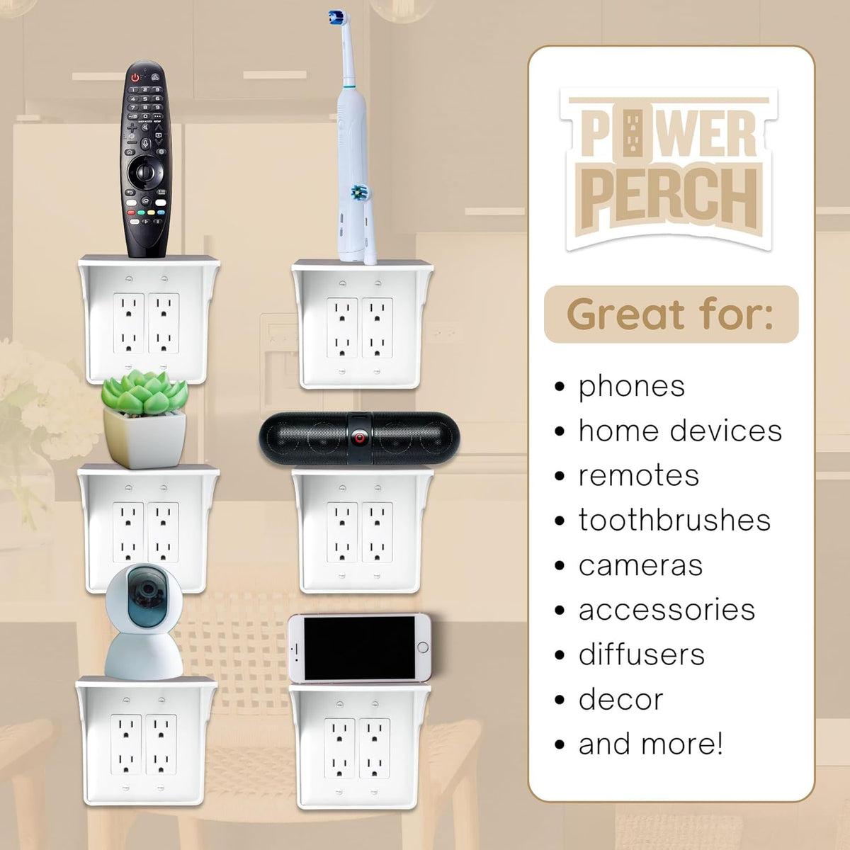Power Perch Double Wall Outlet Shelf with Cord Storage Strap - Declutter & Reclaim Bathroom Counter Space - Alexa Stand, Apple Homepod Shelf, Toothbrush Holders Wall Mounted - White, 2-Pack