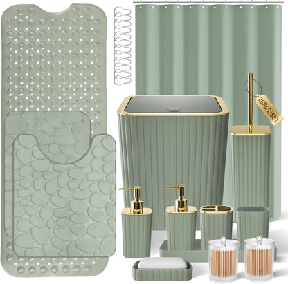 26PC Bathroom Accessories Set - Gorgeous Sage Green Bathroom Set, Bathroom Accessory Set, Shower Curtain Set with Bathtub Mats for Shower Tub, Trash Can & Soap Dispenser
