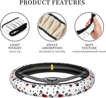 Dog Paws Print Steering Wheel Cover Women Men Elastic Stretch Soft Car Wheel Protector Universal Breathable No-Slip Car Accessories for Truck Van SUV Auto Fit 14-15 Inches