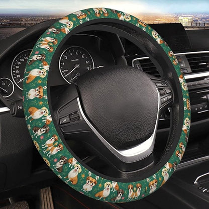 Dogs Flower Pattern Car Steering Wheel Cover, 15 Inch Steering Wheel Cover Stylish Decor for Most Cars