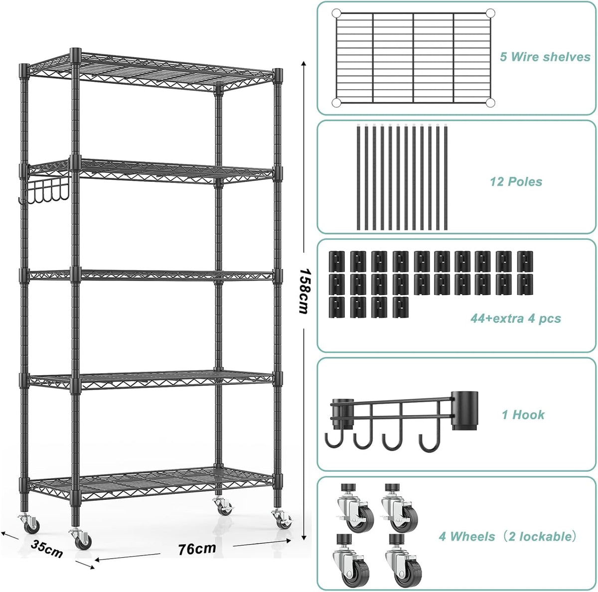 Himimi 5-Tier Storage Shelf Wire Shelving Unit on Wheels Heavy Duty Metal Shelves Adjustable Steel Rack Organization for Kitchen Garage Basement, Black