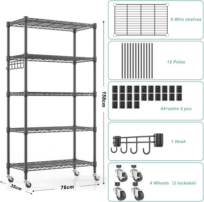 Himimi 5-Tier Storage Shelf Wire Shelving Unit on Wheels Heavy Duty Metal Shelves Adjustable Steel Rack Organization for Kitchen Garage Basement, Black