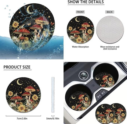 Sky Mushroom Picture 6pcs Car Steering Wheel Cover Set for Men Women Auto Interior Accessories Cup Coaster Cars Handbrake Cover Universal Fit Truck Van SUV