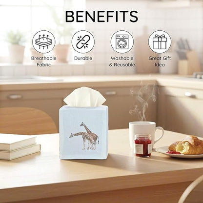 EmbroideryLinen.VN Tissue Box Cover Set of 2, Square Linen Tissue Holder, Printed Animal Pattern, 4.5x4.5x5.5 Inches, Decorative Holder for Bathroom, Living Room, Office (Giraffe)