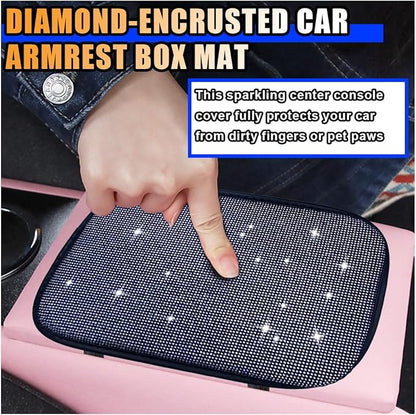 11.9''×8.4'' Bling Car Center Console Cover, Crystal Diamond Elbow Pillow Car Armrest Seat Box Cover, Soft Arm Rest Protective Cushion Pad for Women Girls, Auto Interior Decor for Car SUV (White)