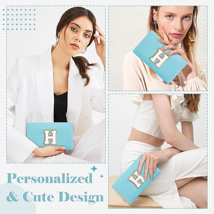 Small Personalized Initial A-Z Preppy Patch Makeup Bag,PU Chenille Letter Travel Cosmetic Pouch with Zipper,Blue Cute Toiletry Bag,Gift Ideal for Teen Girls Women Teacher Bridesmaid,Letter H