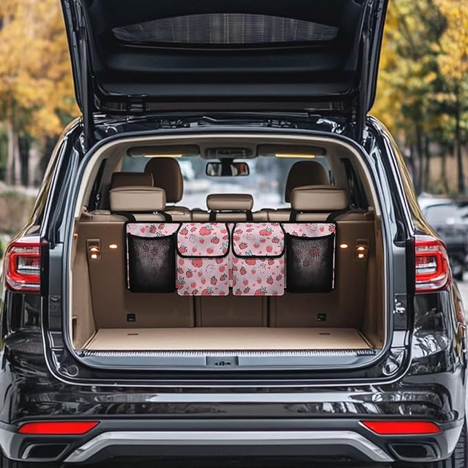 Strawberry Car Trunk Organizer, Novelty Car Accessories Marble Car Organizer for SUV/Truck/MPV, Hanging Car Storage Organizer with 4 Pocekts, Frees Trunk Floor, Sturdy Space Saving Expert