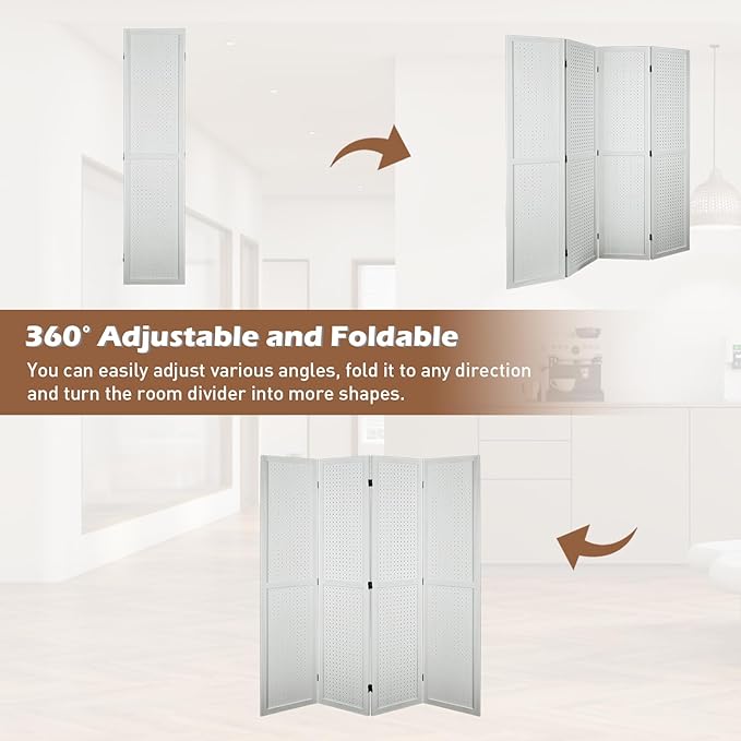 ECOMEX 4 Panel Room Divider, 5.6Ft Pegboard Display Wooden Room Divider Folding