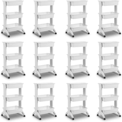 Sterilite 3 Tier Utility Cart Portable Storage Open Bin Organizer with 360 Degree Smooth Rolling Caster Wheels, Supports 10lb Per Tier, White, 12-Pack