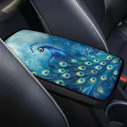Suobstales Blue Peacock Print Car Armrest Pad Soft Center Console Arm Rest Protector Cover Universal Car Interior Accessories Decoration