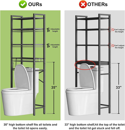Over-The-Toilet Storage Rack, 4-Tier Bathroom Organizer Shelf Over Toilet with Adjustable Shelf and Basket, Freestanding Space Saver Bathroom Shelves Above Toilet for Room (Pure Black)