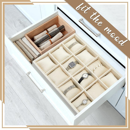Henoyso 2 Pieces 12 Grid Velvet Watch Tray Jewelry Organizer Stackable Watch Bracelet Bangle Display Holder Adjustable Pillow(Beige)