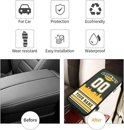 Custom Green Bay Car Armrest Covers Personalized Football Style with Name Number Customized Auto Center Console Pad Car Handrail Box Cushion for Most Vehicle Decor Accessories, Fans Gift
