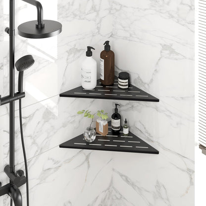 FerdY 2-Pack 10" Matte Black Recessed Corner Shower Shelf, for Tiled Bathroom Walls, 304 Stainless Steel Floating Shower Shelf, Shower Caddy Storage Shelves, No Drilling Required, Striped Triangle