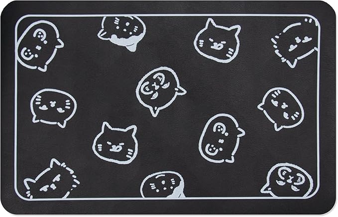 YCT Cat Food and Water Mat for Pets - Non-Slip Super Absorbent Dog Bowl Mat With Multiple Cat Heads Logo - 24 x 16.9 Inches, Black
