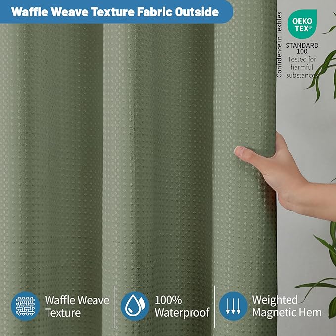 THAIGEE 2-in-1 Waterproof Fabric Shower Curtain - No Separate Liner Needed, Hotel-Style Waffle Weave, Effortless Cleaning & Washable Bathroom Shower Curtain Set,72Wx78H,SageGreen
