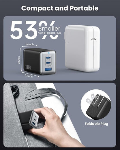150W USB C Charger Block, GaN III Compact Foldable Wall Charger 3 Port Fast