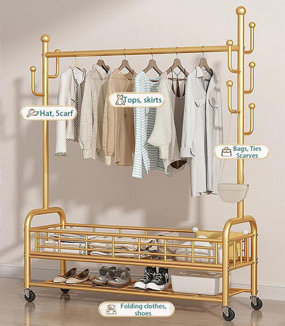 Garment Racks,on wheels,movable,Double Decker,Sturdy Metal Frame,Available for both domestic and commercial use,for Hanging Organizers Clothes,Coats,Skirts,Shoes,Bags,Scarf,Neckties (gold, S)