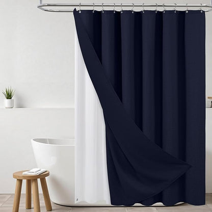 ROLIZOE 3-in-1 Waffle Texture Shower Curtain Set with TPU-Coated Waterproof Liner and 12 Upgraded Double-Sided Hooks, Well-Matched Sizes for a Seamless Fit – Navy Blue, 72" x 72"
