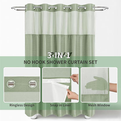 eachope No Hook Waffle Weave Shower Curtain with Snap-in Fabric Liner Set,Sage Green Shower Curtains for Bathroom with See Through Top Window,Water Repellent & Washable,71Wx74H