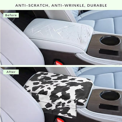 Wanyint Black White Cow Print Auto Center Console Pad Soft Armrest Box Mat Protector Non-Slip Middle Console Cover with Pockets Storage Bag Hand Rest Pillow Automobile Decor Accessories