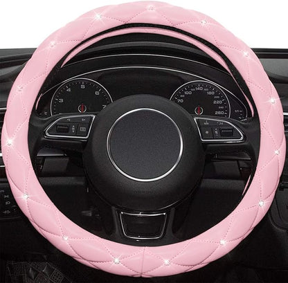 Xizopucy Pink Steering Wheel Cover, Diamond Leather Bling Steering Wheel Cover, Anti-Slip Steering Wheel Protector with Crystal Rhinestones for Women and Girl Fit 14.5-15 inch