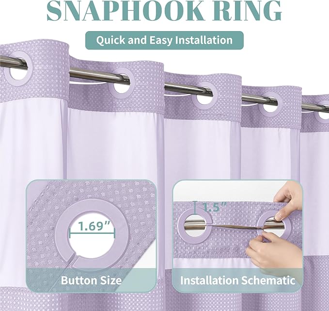 eachope Lavender Long No Hook Waffle Weave Shower Curtain with snap-in Liner Replacement, 230GSM Waterproof Fabric Hotel Shower Curtain Set for Bathroom, Through Mesh Top Window,71Wx80H