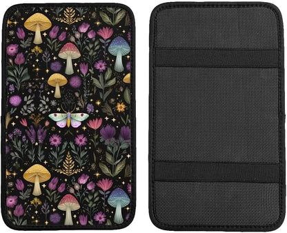 Mushroom Print Center Console Cover Boho Herbs Leaf Armrest Seat Box Covers Protector Black Vintage Car Decor Accessories Scratch Resistant Middle Console Lid Cushion Pad