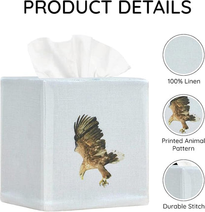 EmbroideryLinen.VN Tissue Box Cover Set of 2, Square Linen Tissue Holder, Printed Animal Pattern, 4.5x4.5x5.5 Inches, Decorative Holder for Bathroom, Living Room, Office (Eagle)