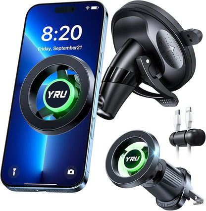YRU [Truely Upgrade & Patent] Car Phone Holder for Magsafe [98+LBS Strongest Suction & Enhanced Magnetic] Dashboard Car Mount Windshield Vent Phone Stand for iPhone 17/16/15/14/13/12 Pro Max, Black