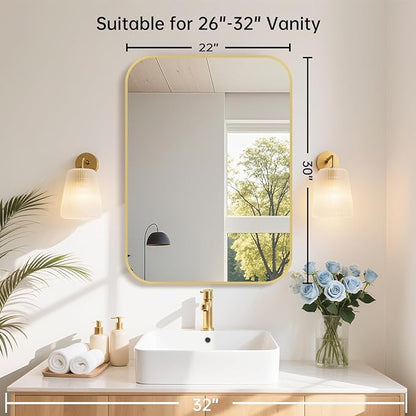 22x30 Inch Gold Bathroom Mirror, Brushed Gold Metal Framed Rectangular Mirror