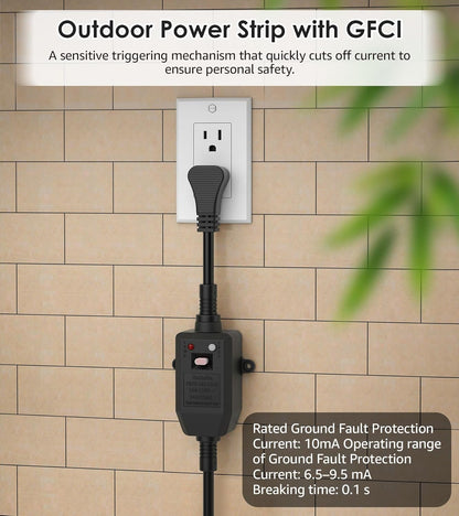 CCCEI GFCI Outdoor Power Strip Weatherproof with 8 AC, Waterproof Extension Cord with Multiple Outlets, Wall Mount Surge Protector Flat Plug, Christmas Exterior Garden, Yard, 15FT, Yellow.