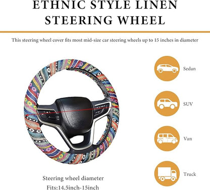 Boho Steering Wheel Cover, 15 Inch Coarse Flax Cloth Ethnic Style Anti-Slip Car Wheel Wrap, Universal Breathable Bohemian Steering Wheel Protector for Cars Vans Trucks (A)