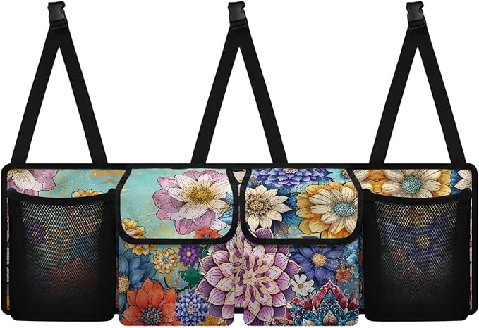 Boho Car Trunk Organizer Oxford Cloth, Mandala Flower Car Storage Organizer (37.01"*11.8") Portable Car Storage Bag with 4 Pocekt, Hanging Car Organizer for SUV/MPV/Truck, Machine Washable