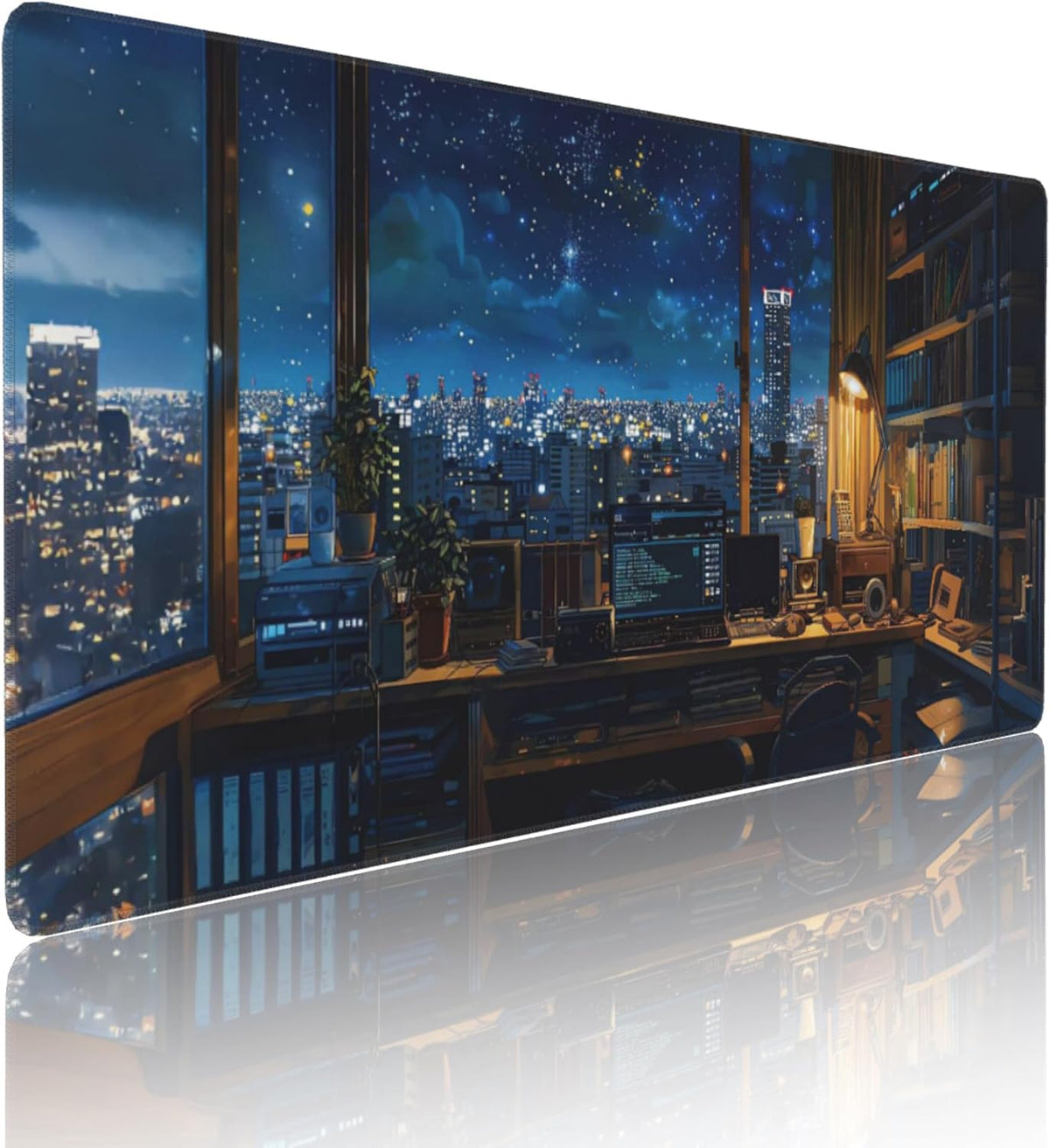 City Night from The Study Window Large Mouse Pad, Anime Style Gaming Desk Mat, XXL Keyboard Desk Pad Mat for Desktop, 35.4"x15.7" Non-Slip Base Big Mousepad with Stitched Edges