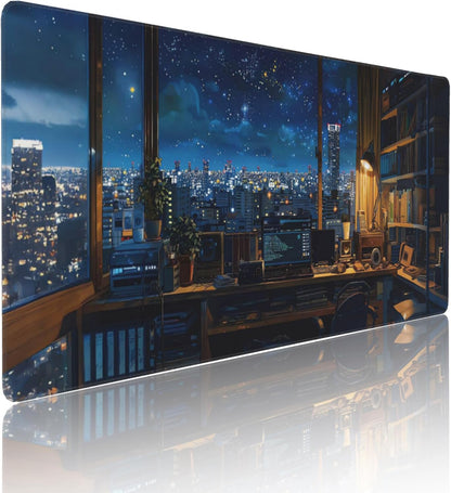 City Night from The Study Window Large Mouse Pad, Anime Style Gaming Desk Mat, XXL Keyboard Desk Pad Mat for Desktop, 35.4"x15.7" Non-Slip Base Big Mousepad with Stitched Edges