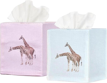 EmbroideryLinen.VN Tissue Box Cover Set of 2, Square Linen Tissue Holder, Printed Animal Pattern, 4.5x4.5x5.5 Inches, Decorative Holder for Bathroom, Living Room, Office (Giraffe)