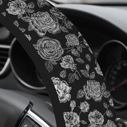 Cute Steering Wheel Cover for Women, Machine Washable Universal 14.5-15.5 inch Non-Slip Grip All Weather Use (Black White Rose)